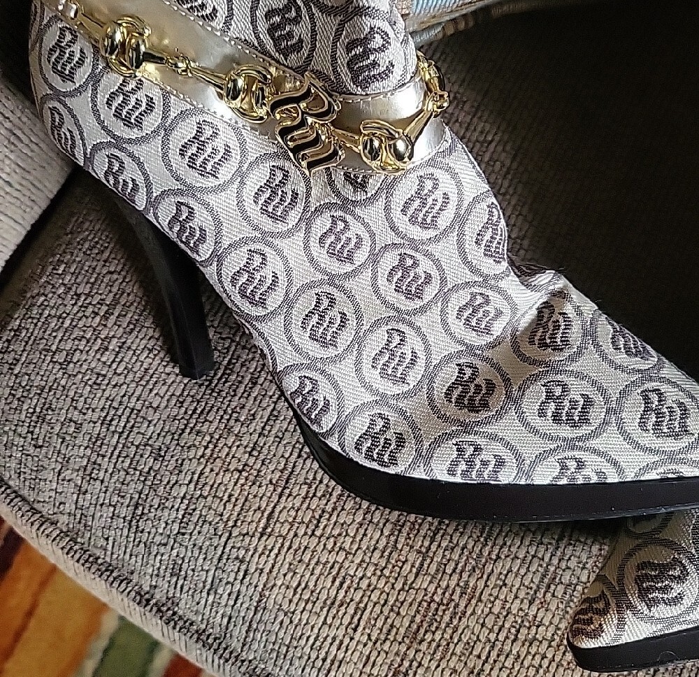 Women's Roccawear Monogram High Heel Boots with Gold Chain Detail - Picture 2 of 6